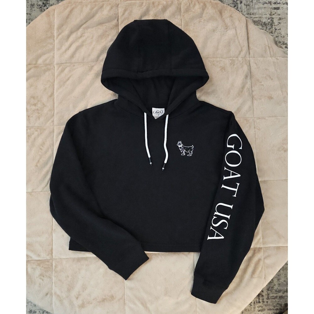 GOAT USA OG Cropped Hoodie Womens Small Black Pullover Sweatshirt Spell Out Logo